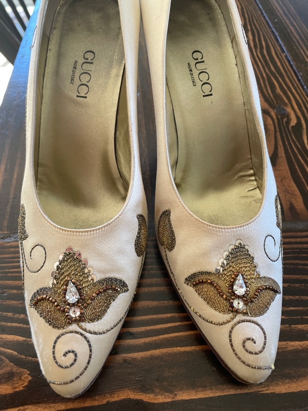 Gucci Vintage RARE Beige Embellished Pointed-Toe Satin Heels - Picture 3 of 16